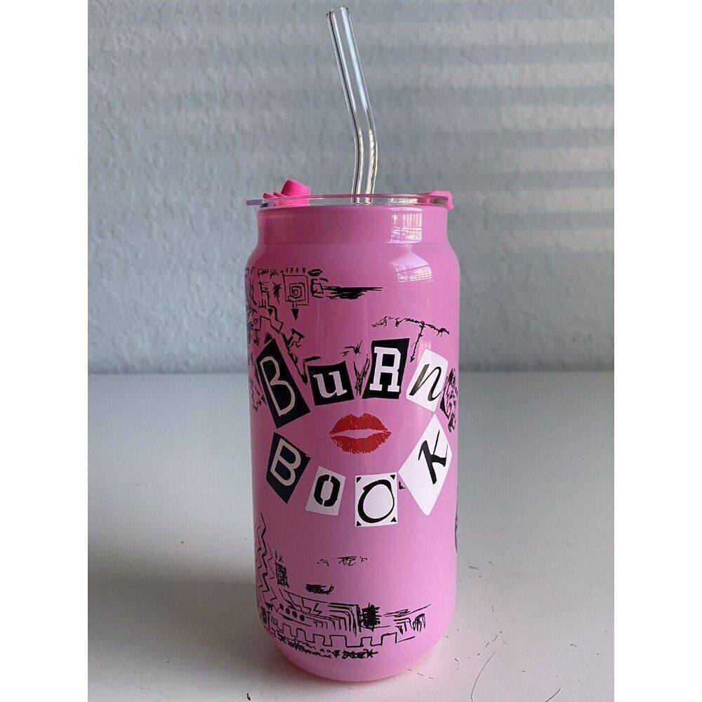 Mean Girls Burn Book Glass Tumbler Pink Drink Christmas With Glass Straw NEW